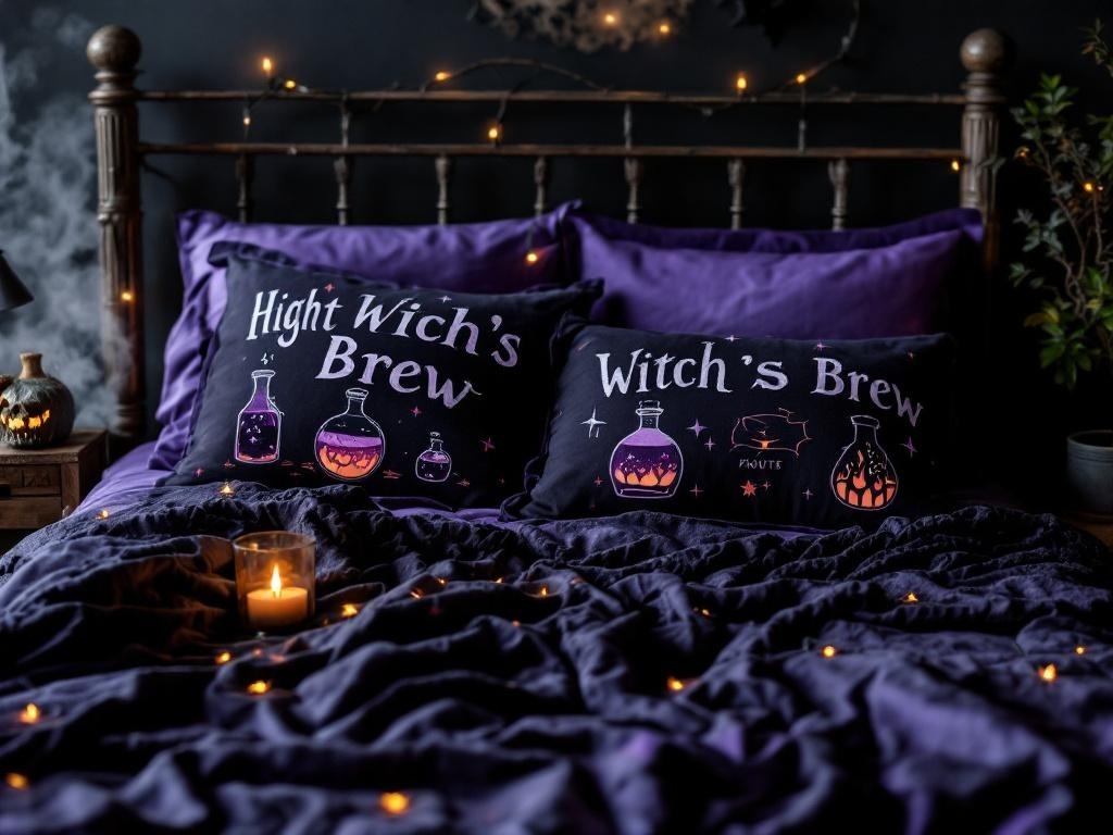 Two Halloween-themed pillows with potion bottle designs on a bed with purple bedding and soft lighting.