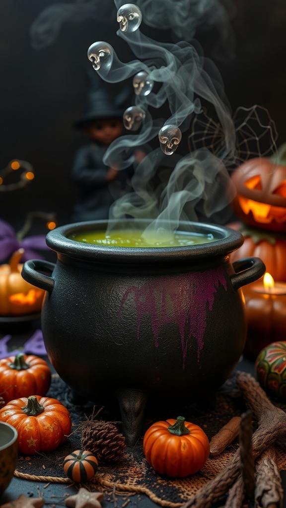 A witch's cauldron with green liquid, skulls floating in smoke, surrounded by pumpkins and Halloween decorations.