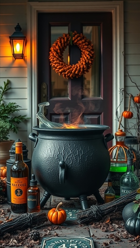 A witch's cauldron centerpiece on a Halloween-themed front porch with pumpkins and potion bottles.