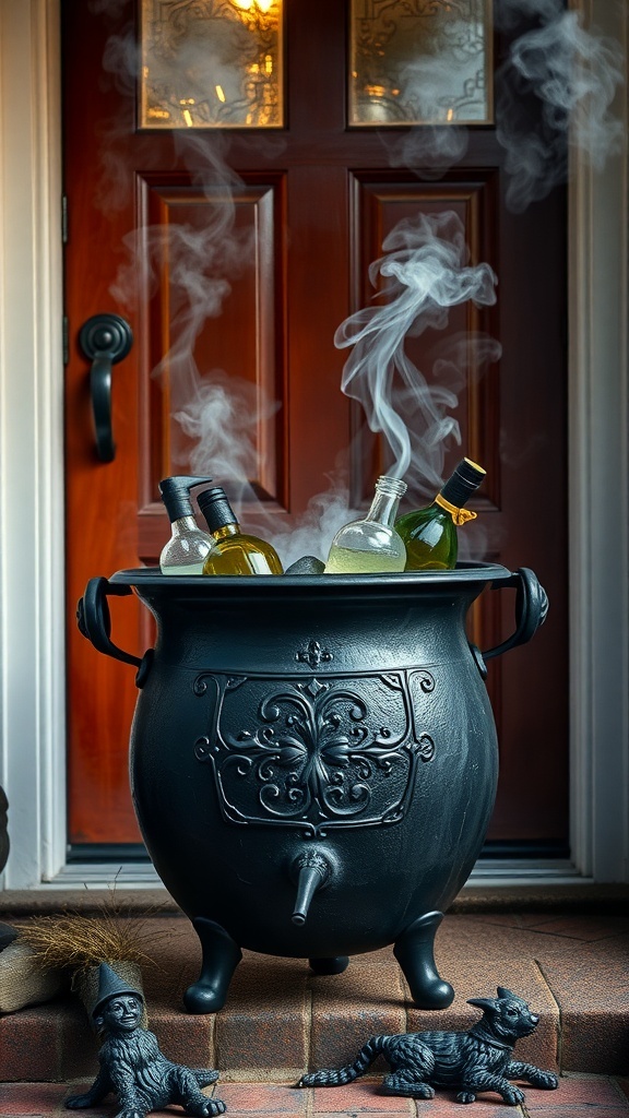 A black cauldron with potion bottles and smoke in front of a wooden door, accompanied by decorative figures of a monkey and a cat.