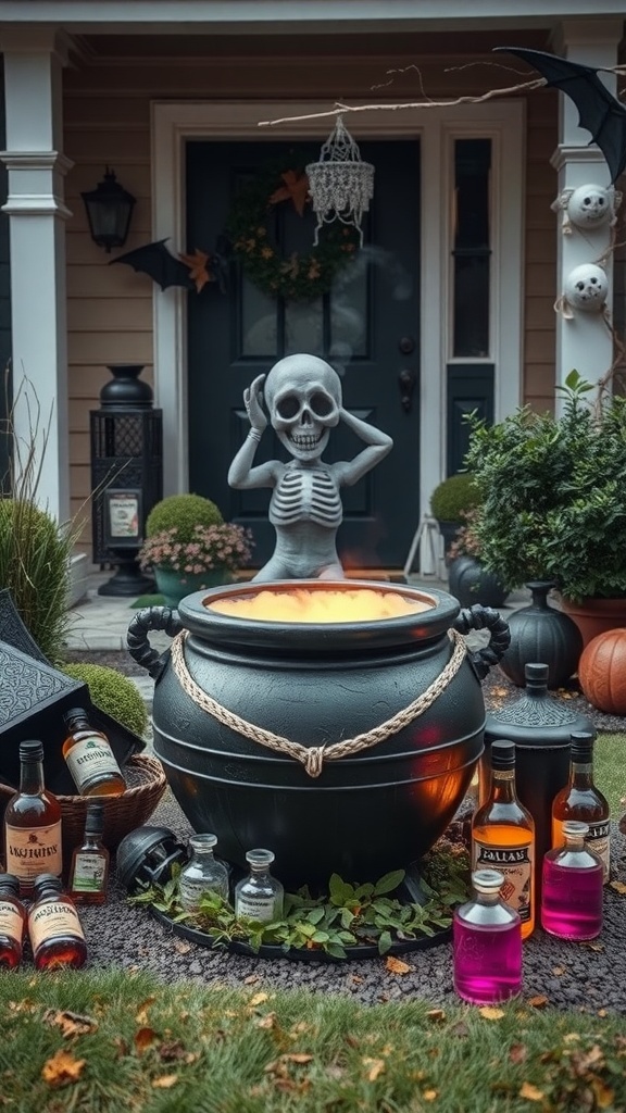 A Halloween front yard featuring a witch's cauldron setup with a skeleton, colorful potion bottles, and spooky decorations.