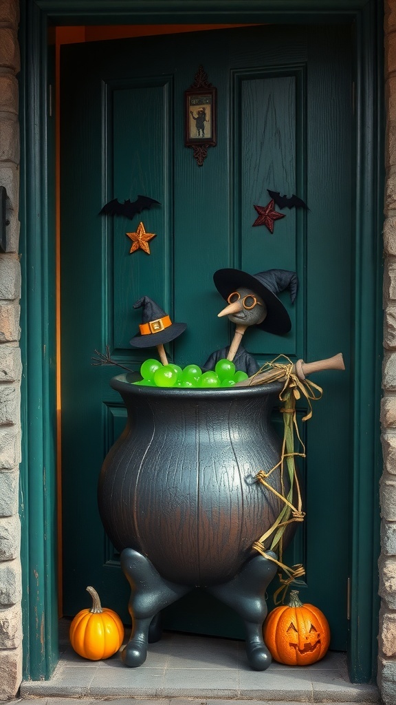 A Halloween door decoration featuring a witch's cauldron with green orbs, a witch figure, bats, stars, and pumpkins.