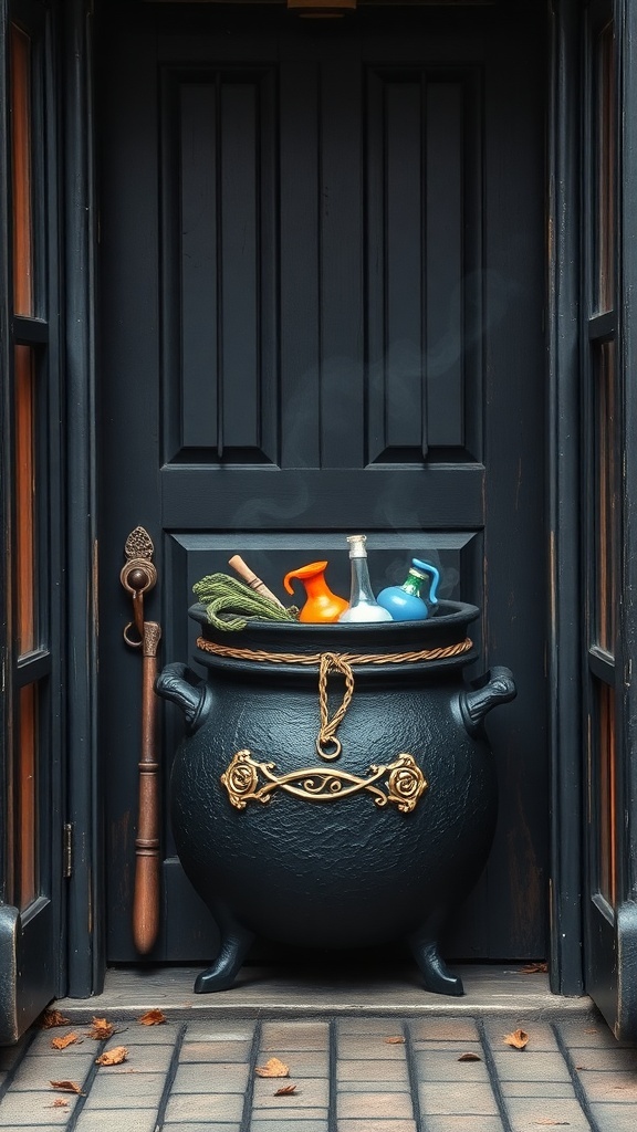 A black witch's cauldron filled with colorful potion bottles, with smoke rising, placed at a door.