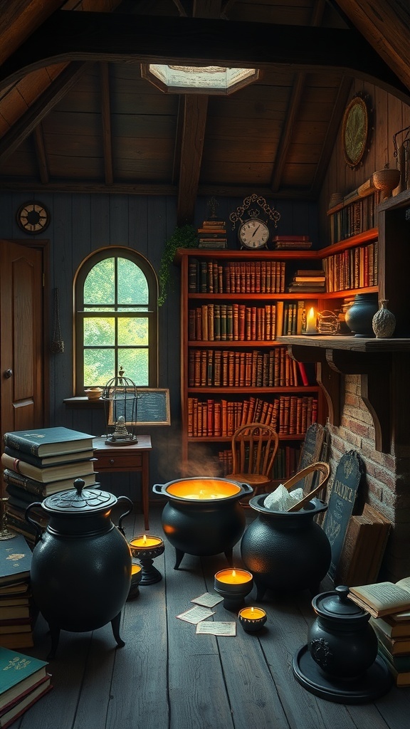 A cozy witch's den featuring spell books, bubbling cauldrons, and flickering candles.