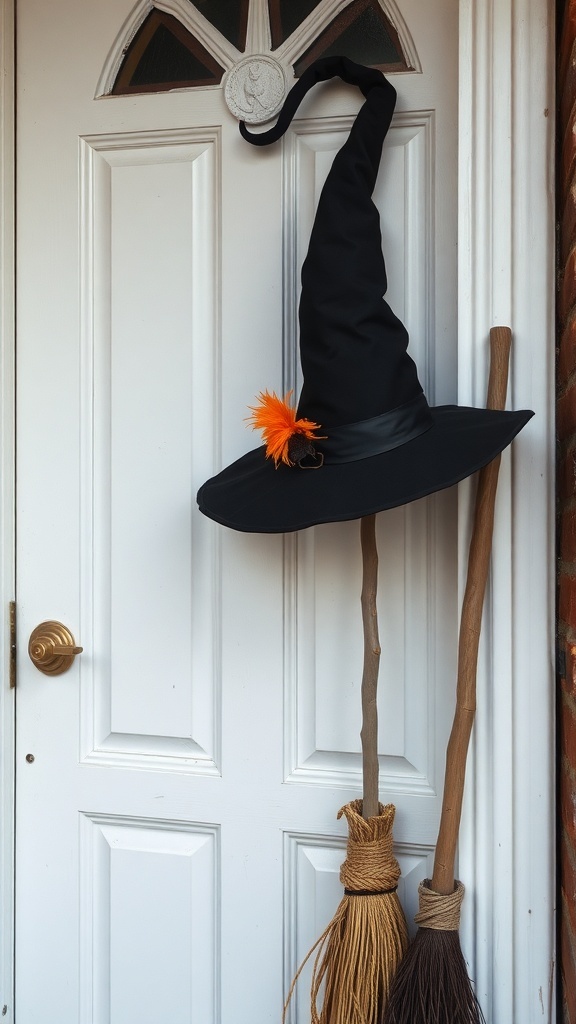 A black witch's hat with an orange feather hanging on a white door, accompanied by two brooms.
