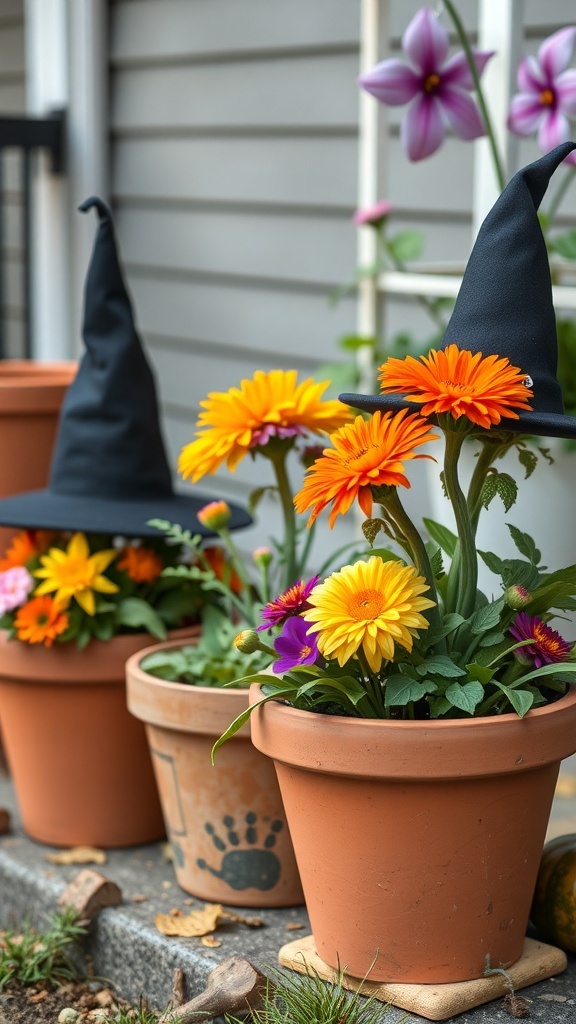 Colorful flowers in terracotta pots topped with black witch hats, creating a festive Halloween decoration.