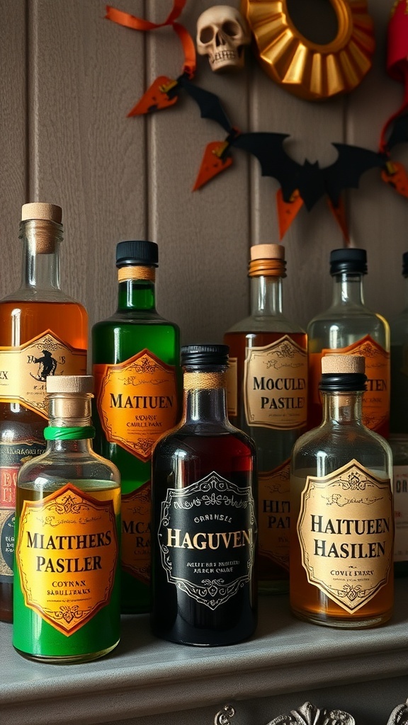 A collection of colorful potion bottles on a mantle, decorated for Halloween.