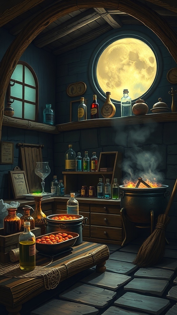 A witch's potion station with colorful bottles, a bubbling cauldron, and moonlight shining through a window.