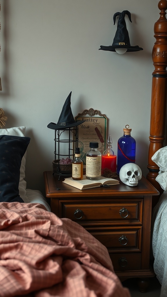 A cozy bedroom scene featuring a wooden nightstand with witch hats, a candle, a blue potion bottle, a skull, and an open book.