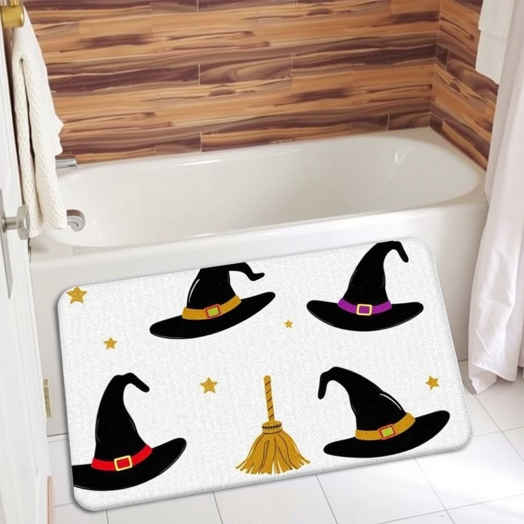 A bathroom featuring a bathtub and a witch-themed bath mat with three witch hats and the phrase 'Wittch weet esch ne'.