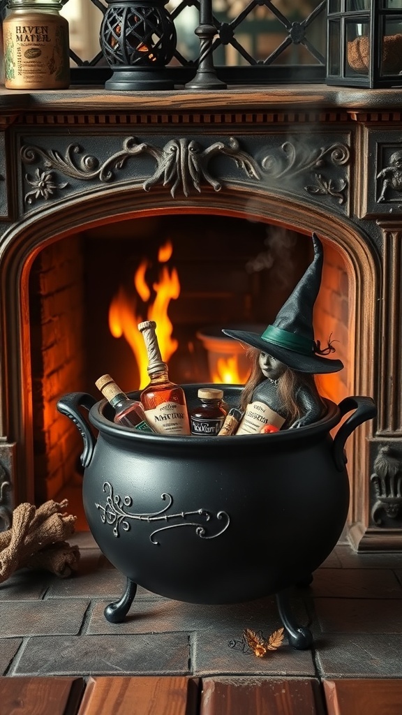A witchy cauldron centerpiece with a small witch figure and potion bottles, set against a warm fireplace.