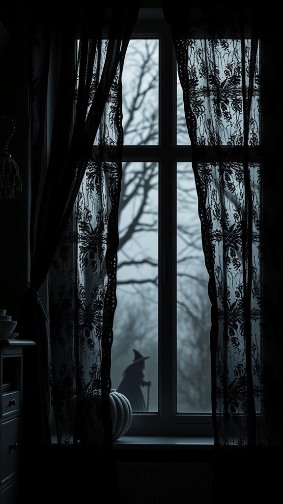 A dark room with sheer black lace curtains, revealing a silhouette of a witch outside the window.