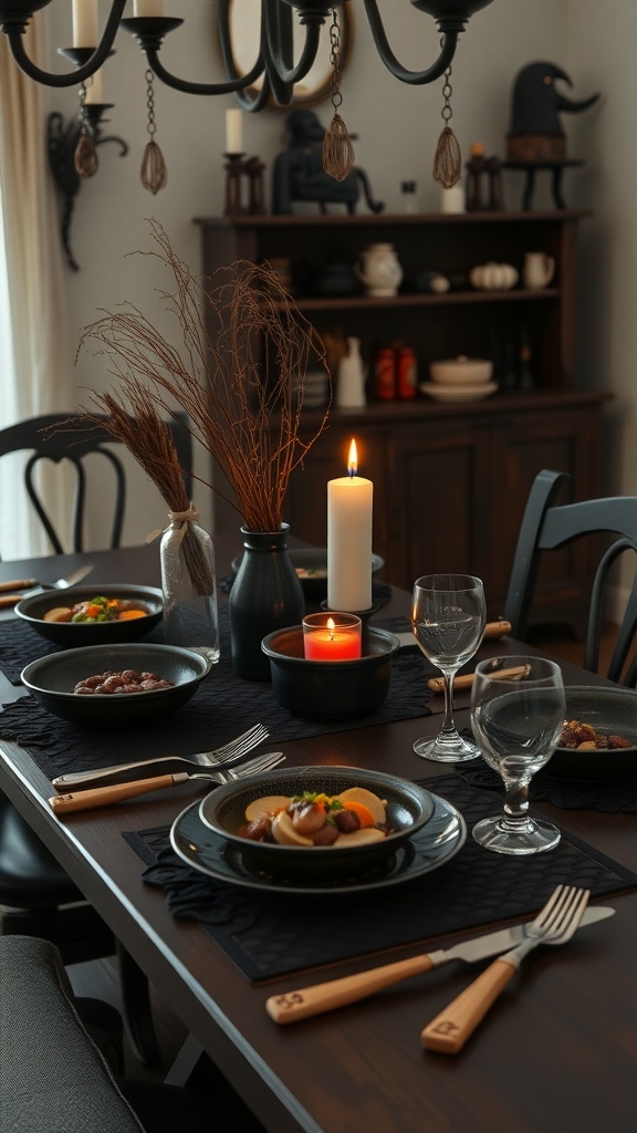 A witchy table setting with dark placemats, elegant dishes, candles, and a rustic centerpiece.