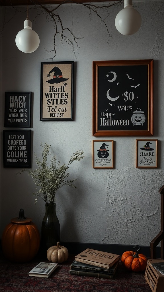 A cozy indoor corner decorated with witch-themed wall art, pumpkins, and books.