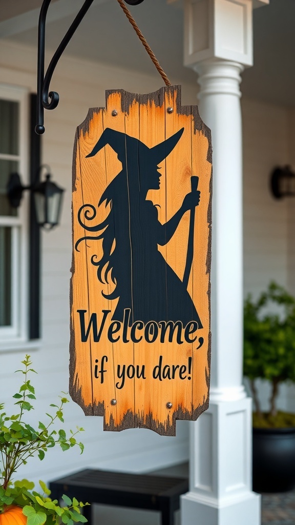 A wooden sign featuring a silhouette of a witch with the text 'Welcome, if you dare!'
