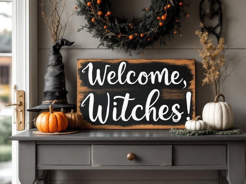 A Halloween entry table featuring a welcome sign, pumpkins, a witch's hat, and a wreath.
