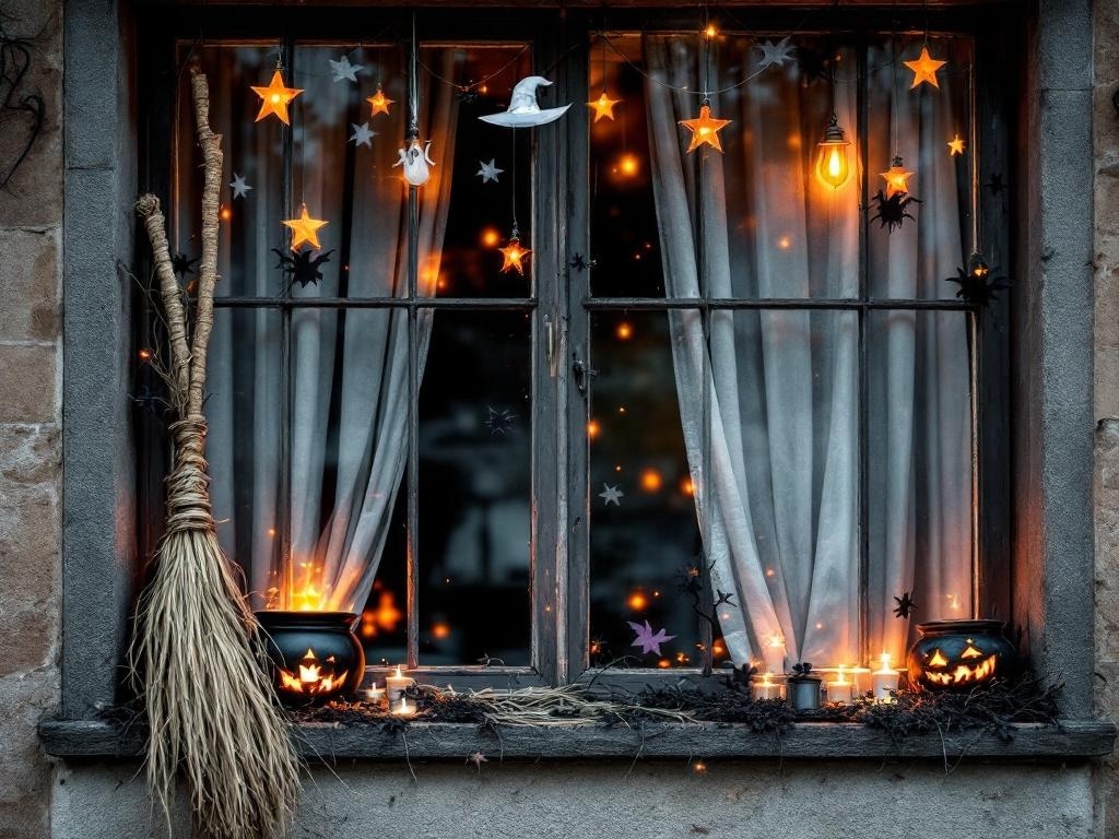 A Halloween-themed window display featuring glowing stars, a broomstick, a cauldron with candles, and a carved pumpkin.