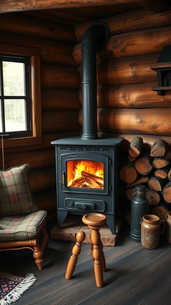 A rustic wood-burning stove in a cozy cabin setting