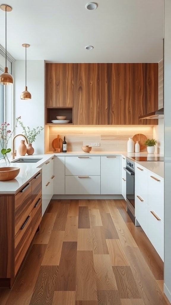 A modern kitchen featuring wood-look porcelain tiles, light cabinets, and wooden accents.