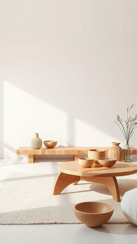 A minimalist living space featuring wooden furniture and decor items.