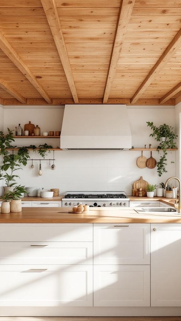 A kitchen with a wooden ceiling, white cabinets, and plants, showcasing warmth and style.