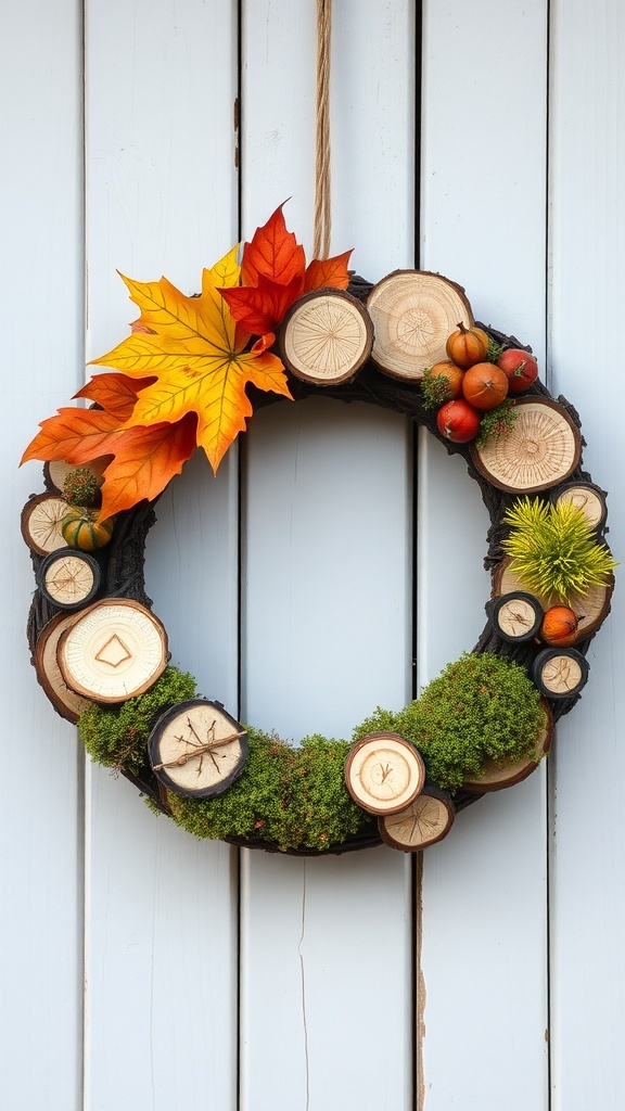 A rustic wreath made of wood slices and moss, adorned with colorful leaves and small pumpkins.