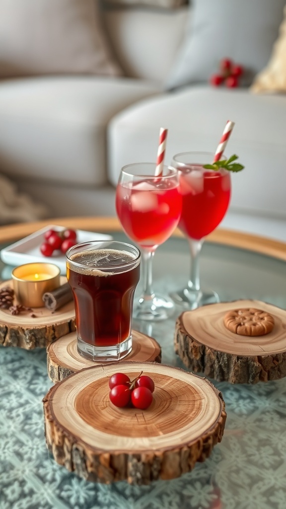 Rustic wood slice coasters with drinks and holiday decorations
