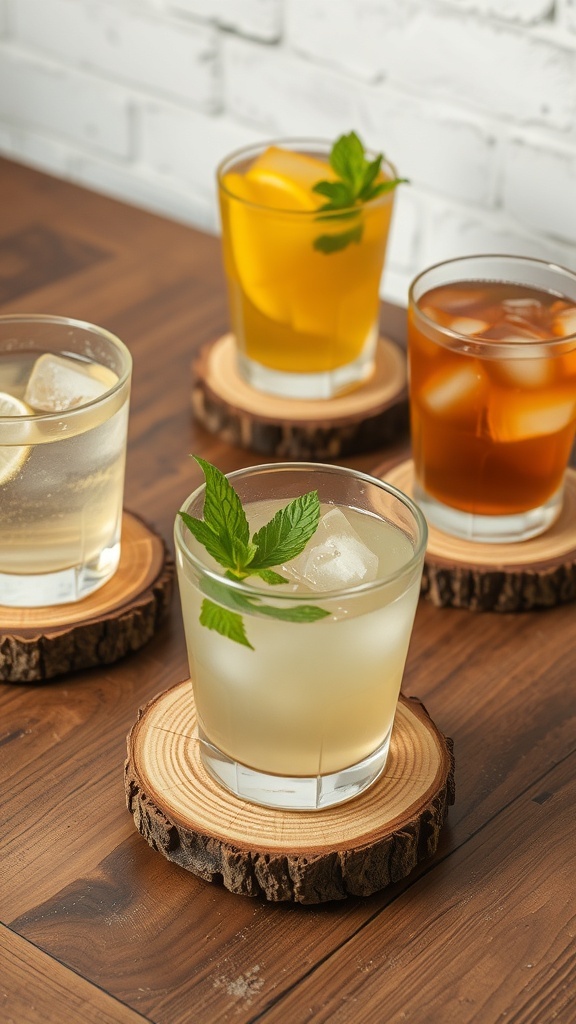Four drinks on wood slice coasters on a wooden table.
