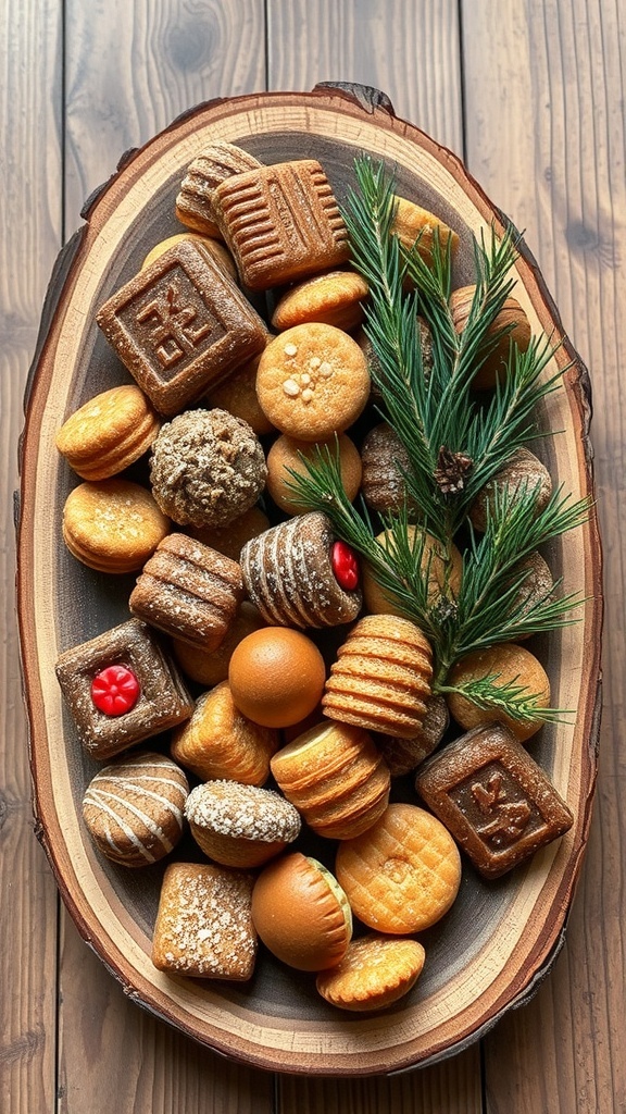 A wooden serving tray filled with assorted cookies and sprigs of greenery.