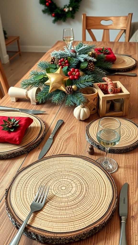 A beautifully set table with wood slice placemats, festive decorations, and a cozy atmosphere.