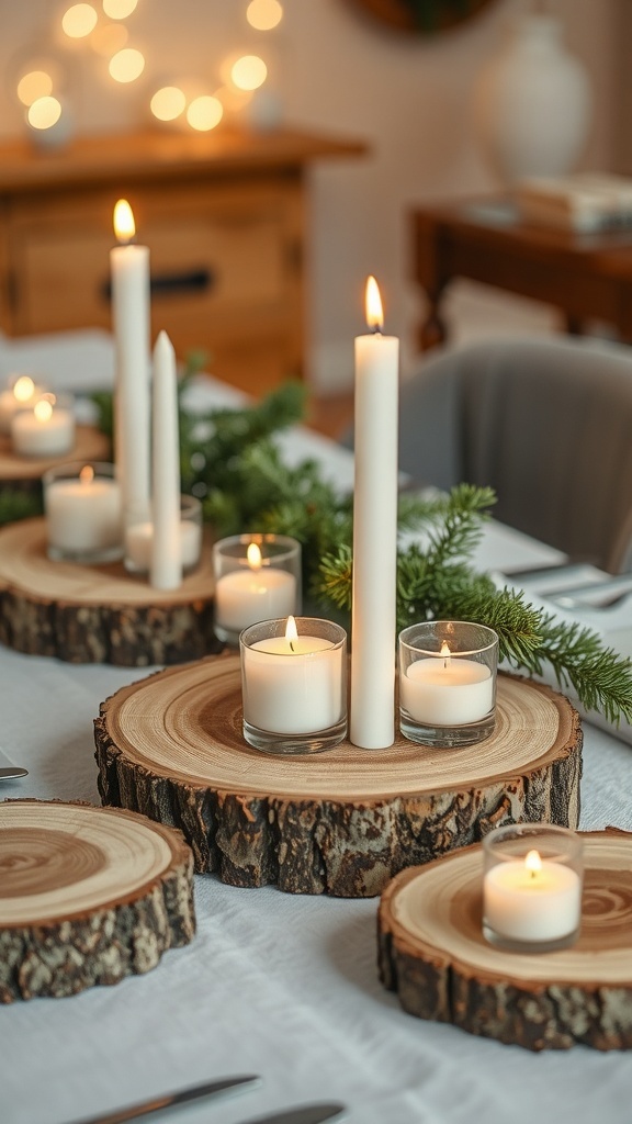 Wood slice table decor with candles and greenery for Christmas