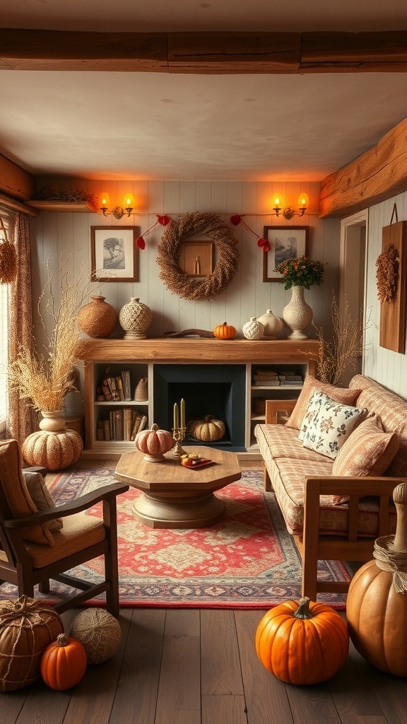 Cozy fall room with wooden accents and pumpkins