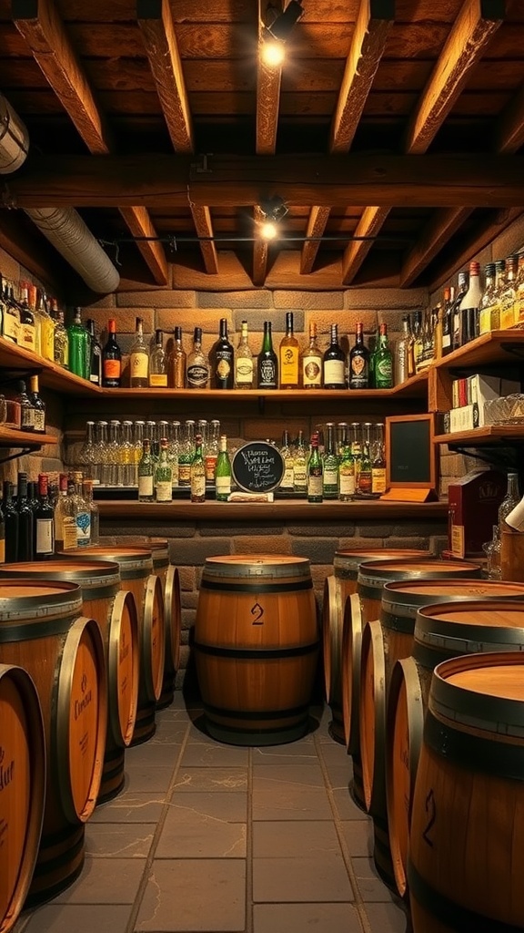 A rustic basement bar featuring wooden barrels for storage and a variety of liquor bottles on shelves.