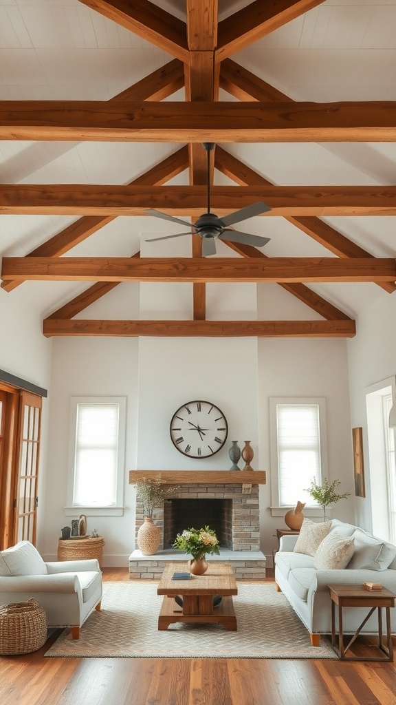 A farmhouse living room featuring wooden beam accents on the ceiling.