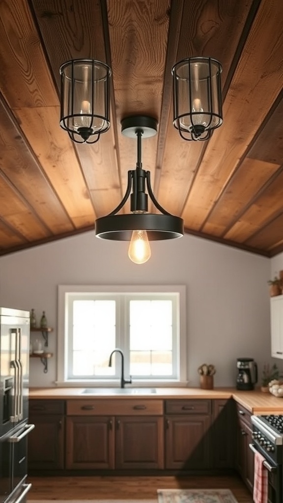 Rustic wooden beam ceiling fixtures in a kitchen setting.