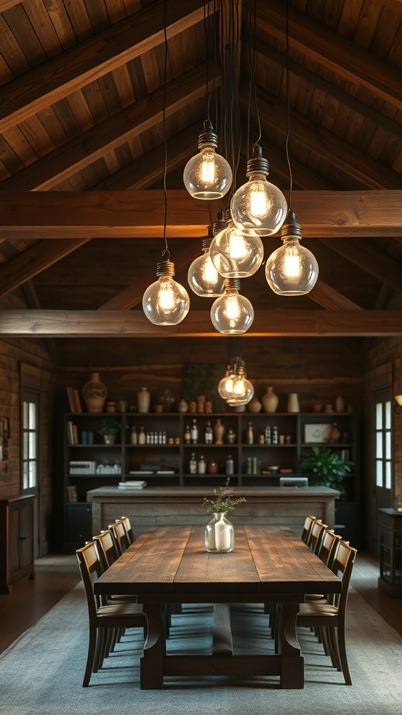 A rustic dining area with wooden beam ceiling lights and a large wooden table.