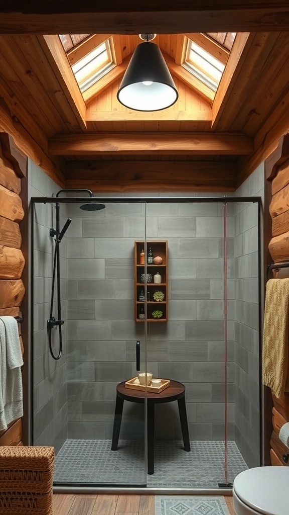 Rustic walk-in shower with wooden beam ceiling and natural elements.
