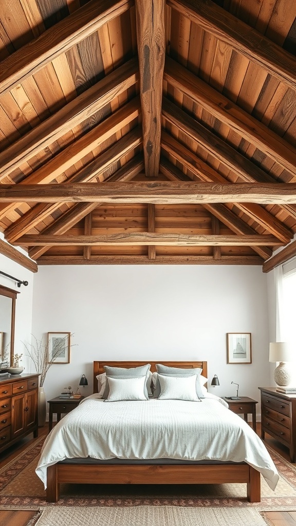 A rustic bedroom with wooden beam ceilings and a cozy bed.