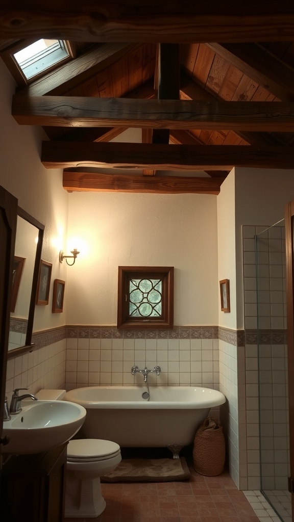 A rustic bathroom featuring wooden beams and a cozy atmosphere.