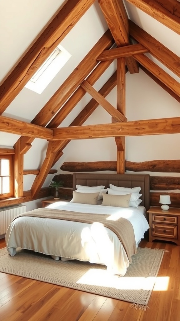 A rustic bedroom featuring wooden beams and a cozy bed.