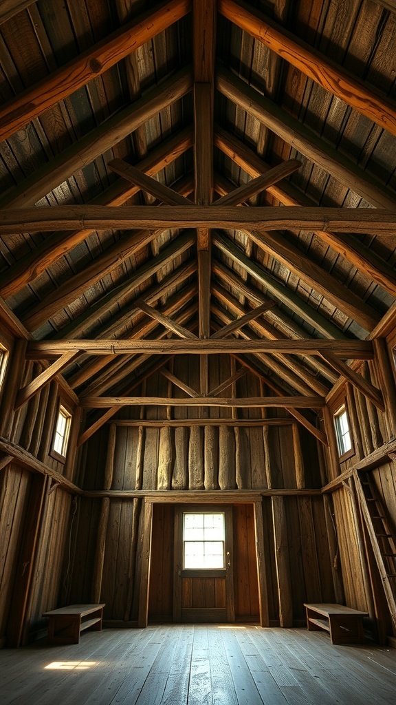 Interior view of a vintage cabin with wooden beams and ceiling.