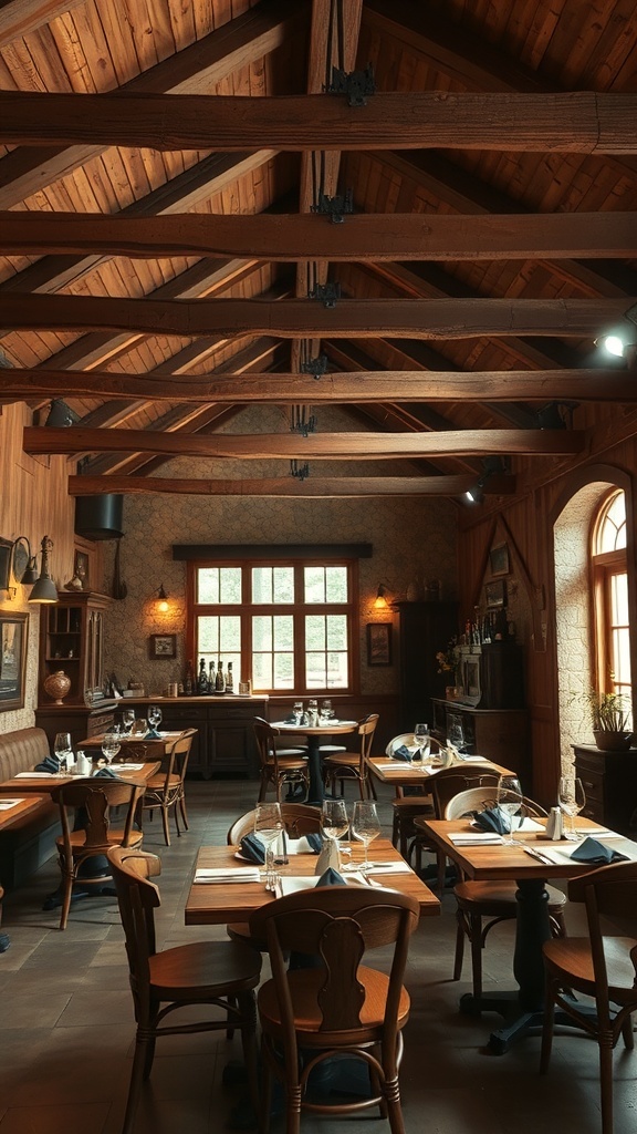 Interior of a rustic dining area with wooden beams and tables.