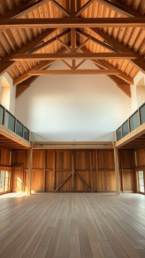Interior view showcasing wooden beams and ceiling in a rustic style.