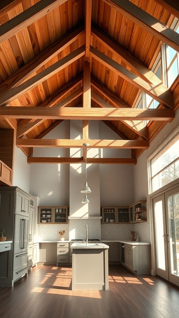 A spacious farmhouse kitchen featuring wooden beams and high ceilings.