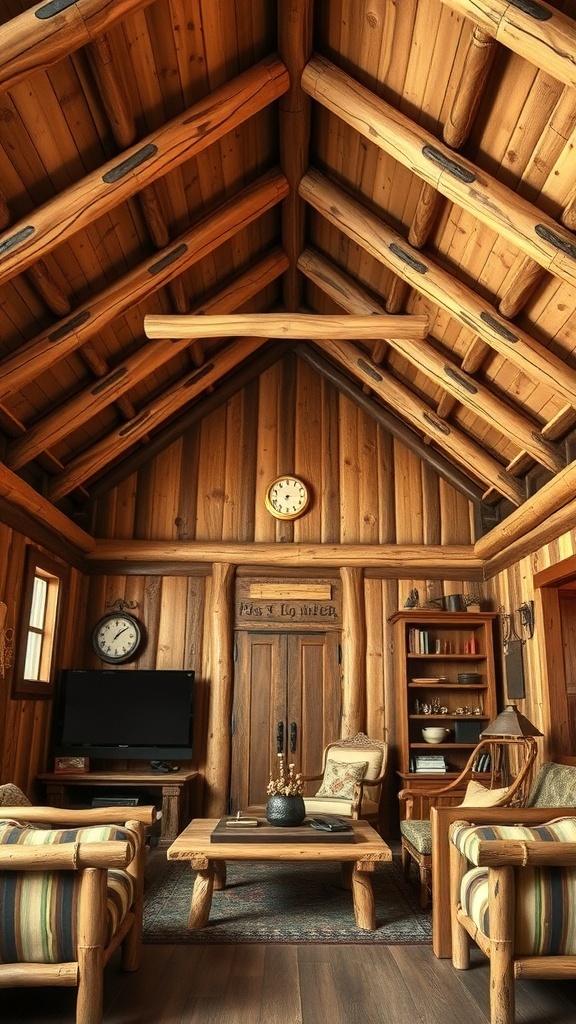 Interior of a cozy winter cabin with wooden beams and rustic furniture.