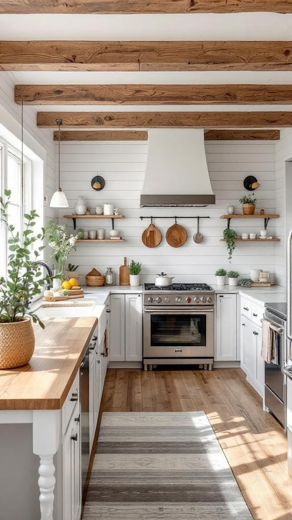 A farmhouse kitchen featuring wooden beams and shiplap walls, with a cozy and inviting atmosphere.