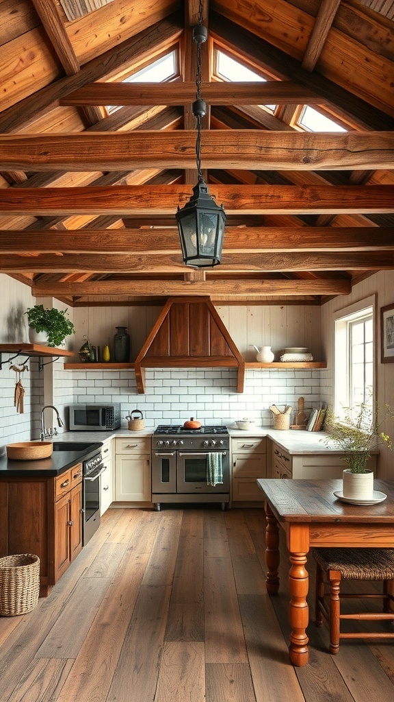 A rustic kitchen featuring wooden beams and trusses.