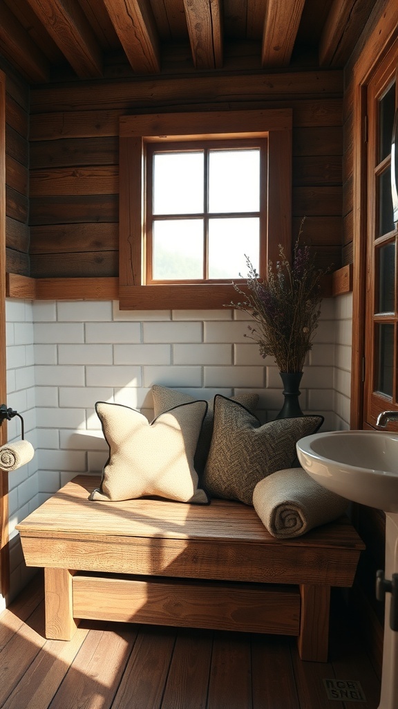 A cozy wooden bench with pillows in a rustic bathroom setting.