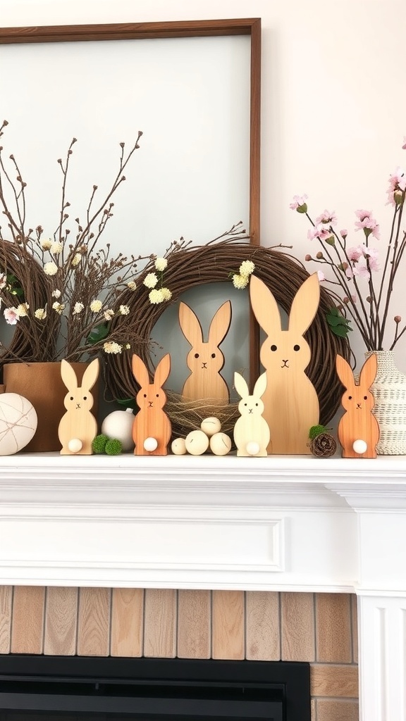 A collection of wooden bunny decorations on a mantel with flowers and decorative eggs.