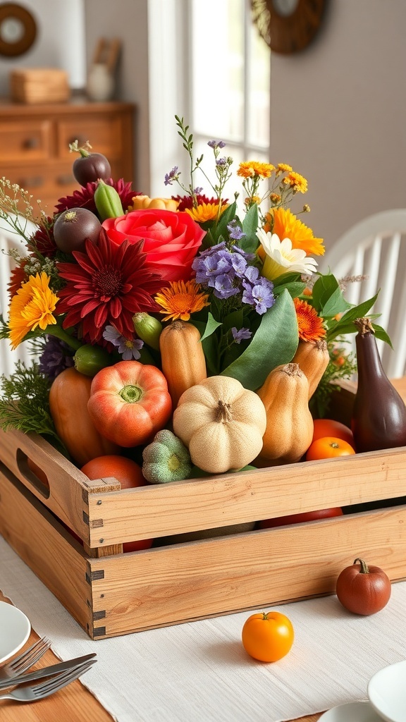 A wooden crate filled with colorful pumpkins, flowers, and vegetables, serving as a fall centerpiece.